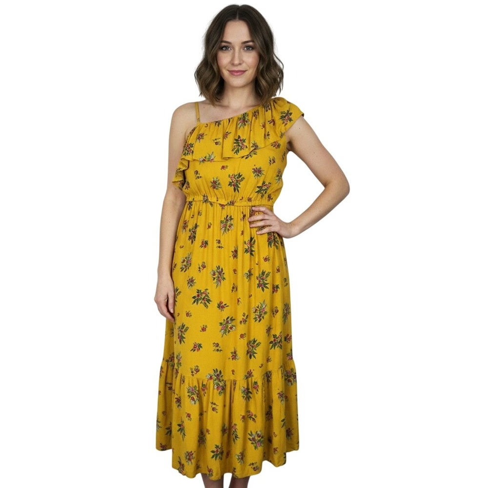 Peyton & Parker Mustard Yellow Floral One Shoulder Ruffle Midi Dress Size‎ L